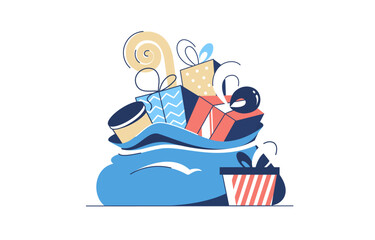 Bag full of gift and present boxes isolated on white background. Happy Saint Nicholas Day concept. Sinterklaas. Flat vector illustration.