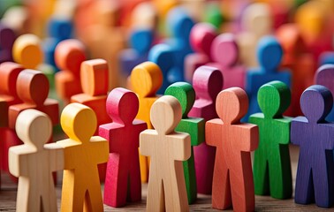 Large colorful group of people figures closeup, painted figures, for business presentations, diverse multicultural workforce 