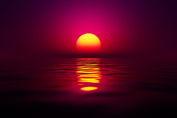 Bright red sunset in synthwave style over the surface of the water.