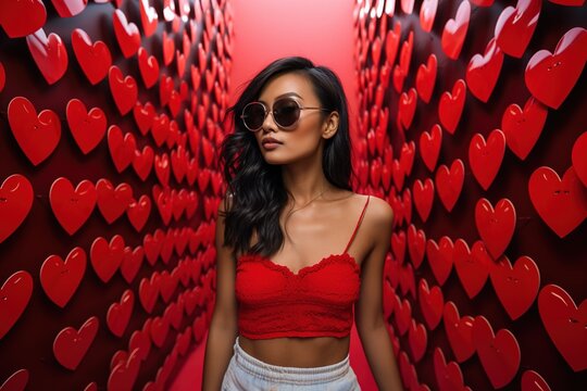 Valentine's day. Portrait of beautiful young Asian woman in sunglasses on red background with hearts.