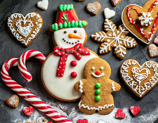 Christmas cookies with a snowman, reindeer and a candy cane surrounded by ginger bread hearts