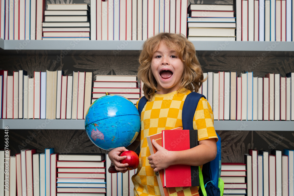 Poster school boy with world globe and books. child from elementary school with book. little student, cleve