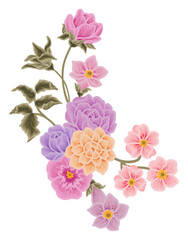 Vintage purple rose, daisy, violet peony flower bouquet clip art illustration design for greeting cards, wedding invitation, decoration, floral craft, feminine products, branding elements
