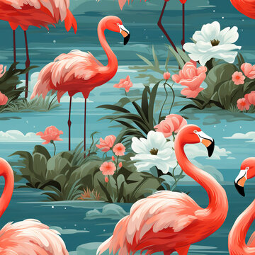 Flamingo tropical bird cartoon repeat pattern