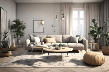a living room with neutral colors in arcane animation style