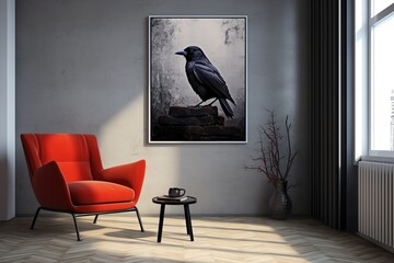 Sparsely furnished living room with a red armchair and a photo of a raven on the wall Generative Ai