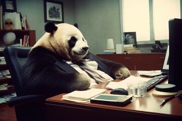 Photo Panda being lazy in the office. - obrazy, fototapety, plakaty
