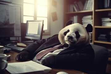 Photo Panda being lazy in the office, Generative AI - obrazy, fototapety, plakaty