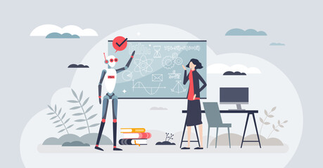 AI collaboration and artificial intelligence for teaching tiny person concept. Innovative school solutions with high tech technology vector illustration. Learning process with robots assistance.