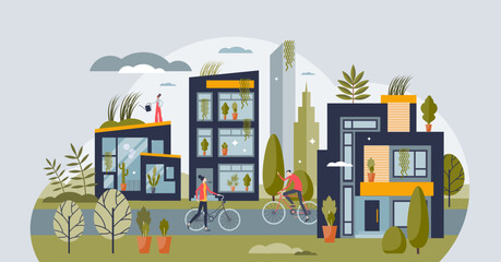 Green living and sustainable lifestyle urban community tiny person concept. Nature protection for environmental and ecological future vector illustration. City with green rooftops and lush greenery.