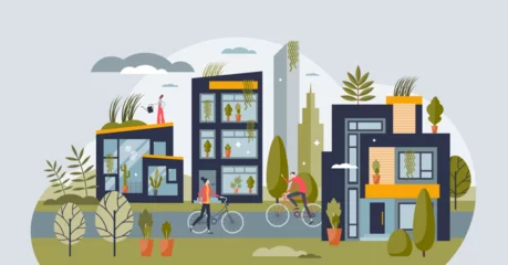 Foto op Canvas Green living and sustainable lifestyle urban community tiny person concept. Nature protection for environmental and ecological future vector illustration. City with green rooftops and lush greenery. © VectorMine