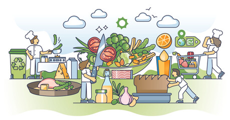 Organic cooking workshop to develop food preparation skills outline concept. Ecological ingredients or grocery products usage for chef occupation learning vector illustration. Teaching healthy eating