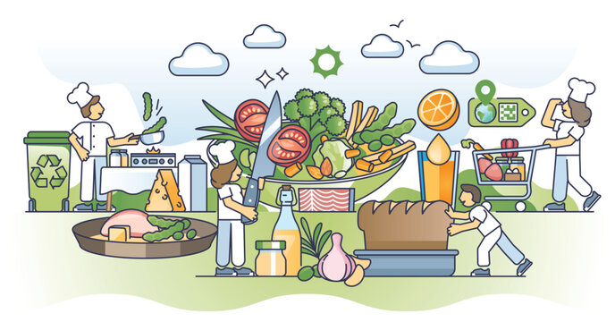 Organic cooking workshop to develop food preparation skills outline concept. Ecological ingredients or grocery products usage for chef occupation learning vector illustration. Teaching healthy eating