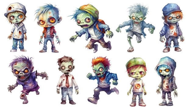 Halloween zombie watercolor illustration, generative AI