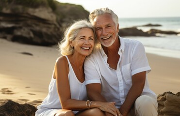Portrait of senior couple together on the beach background.