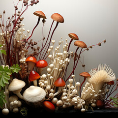 many different mushrooms on grey background. Natural medicine, reduce stress and improve immunity , health care concept.  square