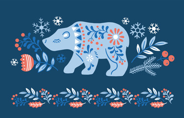 Vector hand drawn illustration of animals in Nordic Scandinavian style hygge. Silhouette of bear with a floral pattern in a folk Scandinavian style on blue background