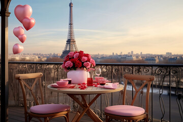 Valentine's Day table set for breakfast for two people decorated with flowers and balloons. Table on the balcony overlooking the Eiffel Tower