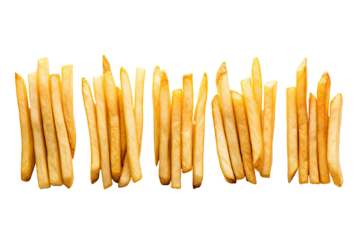 French fries in a row on white background