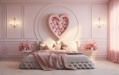 Pink bedroom interior in romantic style with big bed decorated for Valentine's Day with flowers