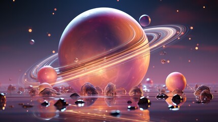 saturn planet and planets in the space on pink and purple background