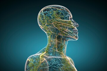 Illustrate the human lymphatic system within the context of a friendly and clean visual, incorporating it seamlessly into the contours of a human posture, generative ai - obrazy, fototapety, plakaty