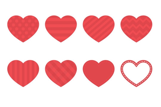Set of cute red patterned heart icons. Flat vector illustration.	
