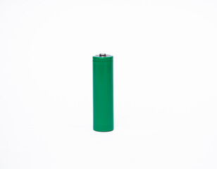 Green cylindrical batteries on a white background. Storage battery or secondary cell. Rechargeable Li-ion batteries for electrical appliances and devices