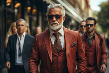 Photo of a man walking down the street in a formal attire