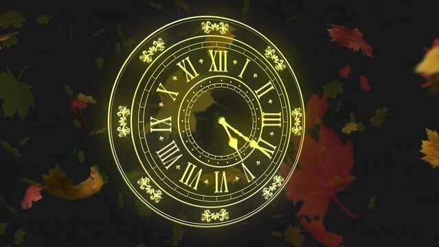 Animation of yellow clock with fast moving hands over falling autumn leaves on black background