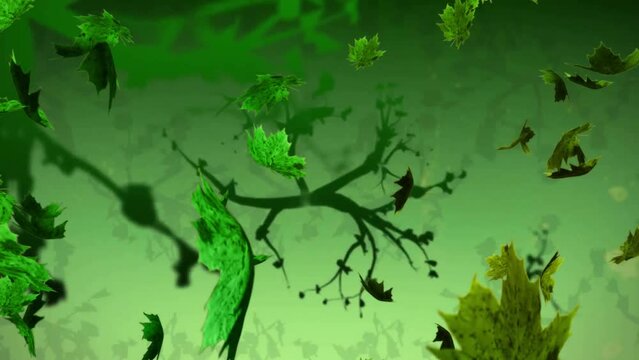Animation of green leaves blowing over growing plants on green background