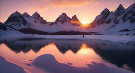 Fototapeta na wymiar a frozen lake framed by snowdraped mountains and a vivid. ai generative