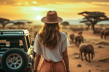 Photo of a woman in a hat approaching a majestic herd of elephants in the wild safary in Africa.
