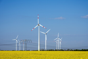 Wind turbines in a field of flowering rape seed seen in Germany