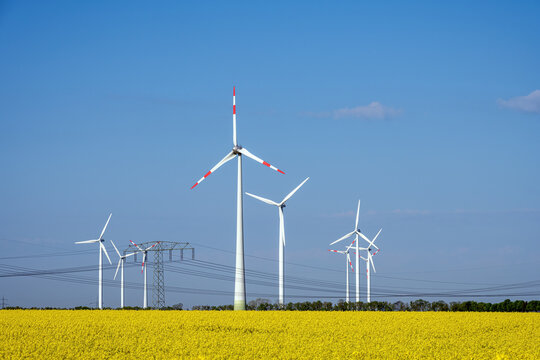 Wind turbines in a field of flowering rape seed seen in Germany