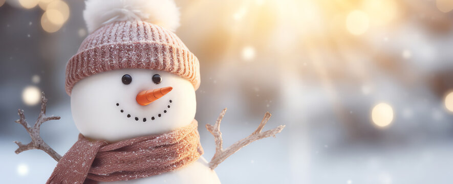 cute snowman with sunlight on background, AI generated