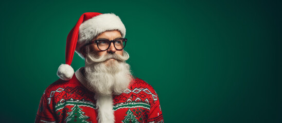 Studio portrait of a trendy Father Christmas character wearing a festive christmas ugly jumper - obrazy, fototapety, plakaty