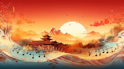 Music notes on chinese new year background ,Happy New Year. - obrazy, fototapety, plakaty