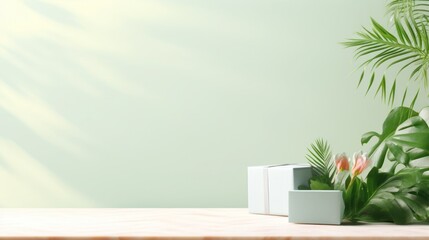 Abstract minimalist pastel background with gift boxes for product presentation. Tropical leaves silhouette nature on spring white wall background.