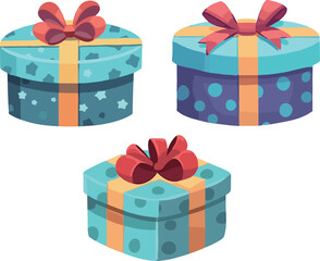 Set of gift boxes with ribbons and bows. Vector illustration.