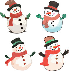 Set of cute snowmen isolated on white background. Vector illustration.