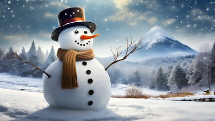 Obraz premium Panoramic view of happy snowman in winter scenery.