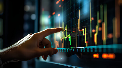 Close up of male hand pointing at creative business graph with index and grid on blurry city background. Stock market and financial statistics concept. Double exposure.