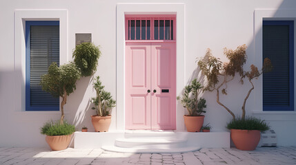 facade of an elegant house from the 80s, with a pink door and white wooden walls, potted plants in front