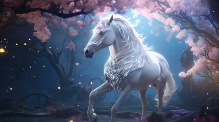 Obraz na płótnie Canvas A Majestic White Stallion in the Enchanted Woods