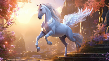 Obraz na płótnie Canvas A Majestic White Stallion Galloping Through a Vibrant, Verdant Woodland