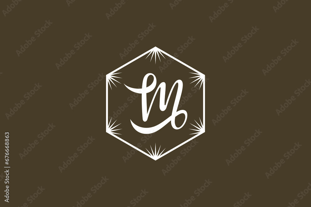 Poster minimal initial letter m inside hexagon shape with flower ornaments