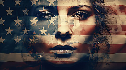American Flag double exposure of a woman looking at camera with painted face the USA flag. With flag background.