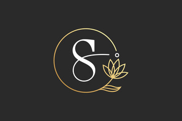 Minimal initial letter S luxury logo template inside circle frame with leaves or flower ornament