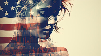Double exposure of American flag and attractive woman.
Area for text on the right .